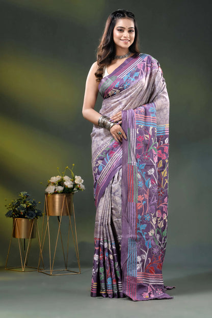 Lavender multicolor floral design hand batik silk kantha stitch saree 3