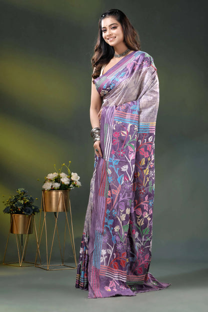 Lavender multicolor floral design hand batik silk kantha stitch saree 6