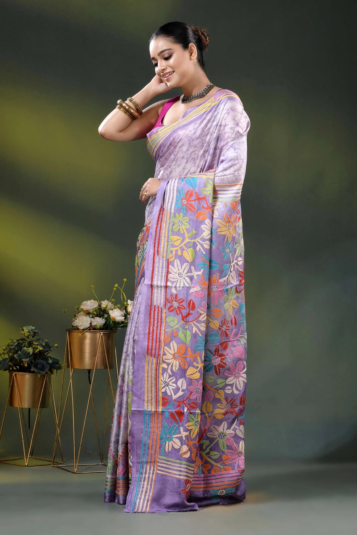Lavender multicolor floral handcrafted kantha stitch silk batik saree 3