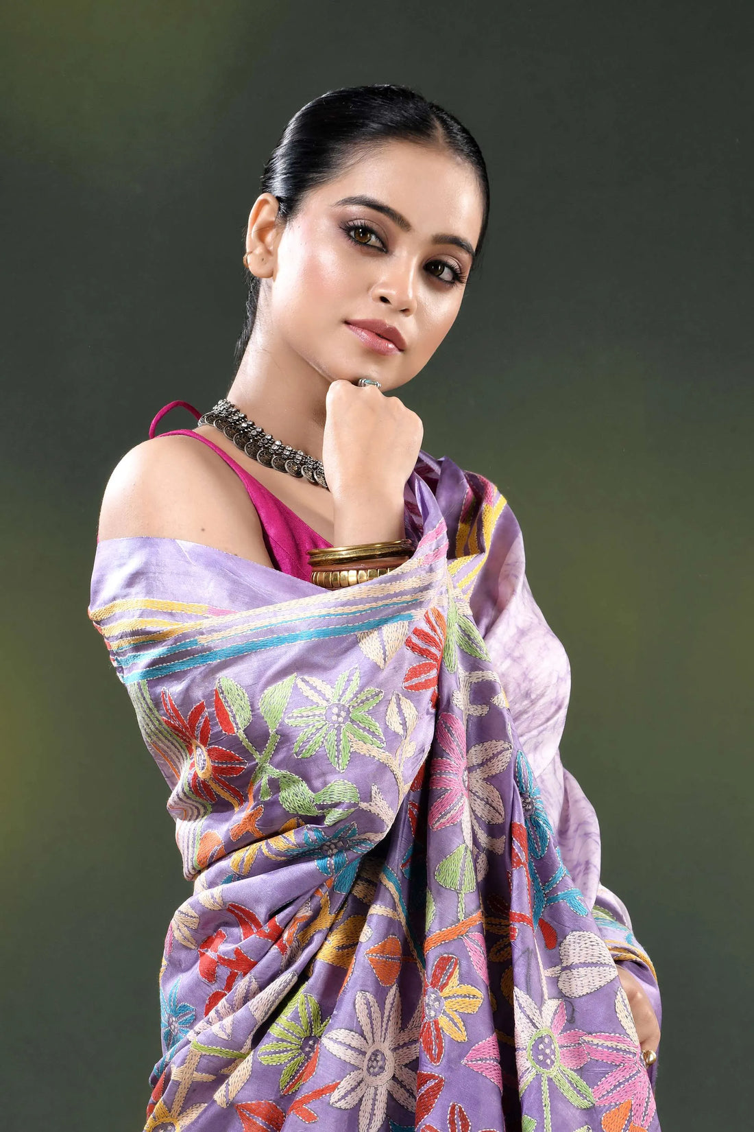 Lavender multicolor floral handcrafted kantha stitch silk batik saree 2