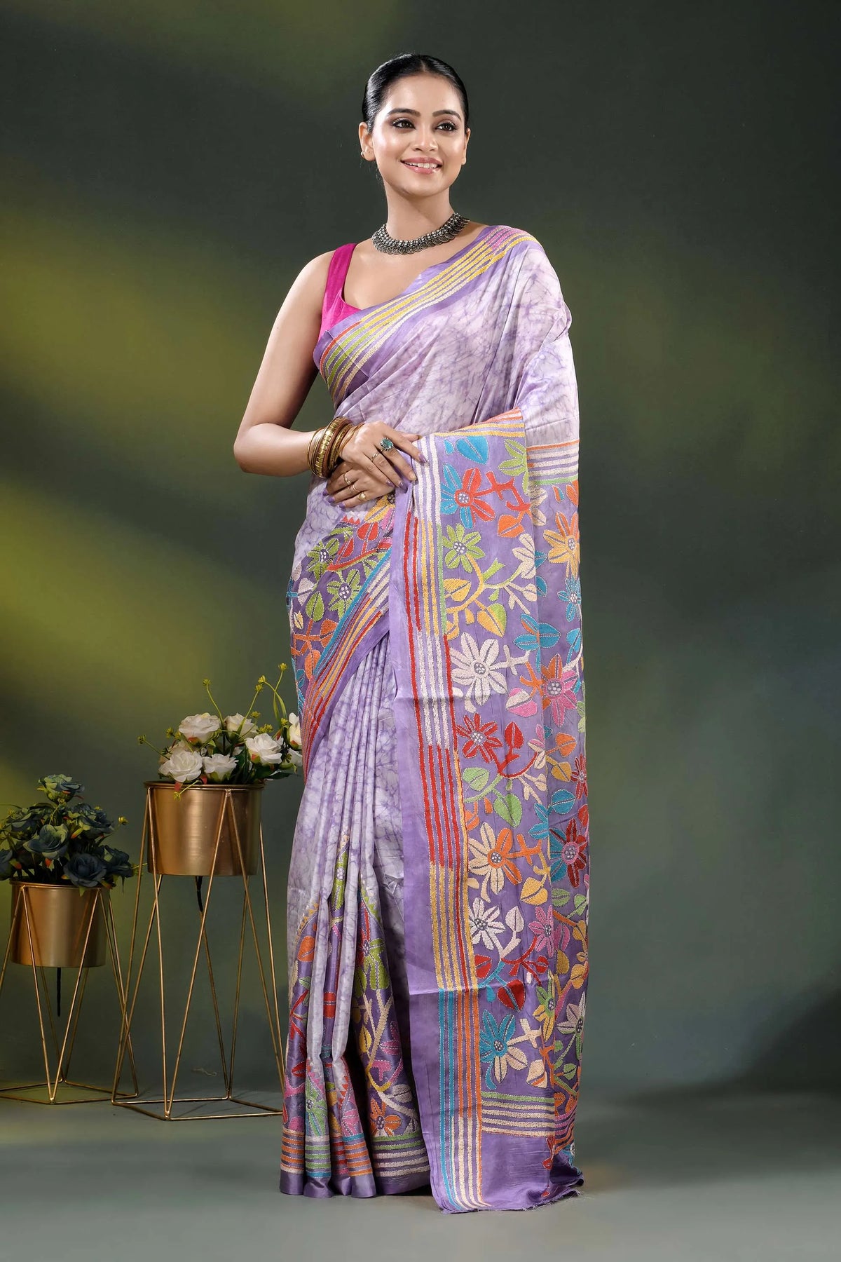Lavender multicolor floral handcrafted kantha stitch silk batik saree 6