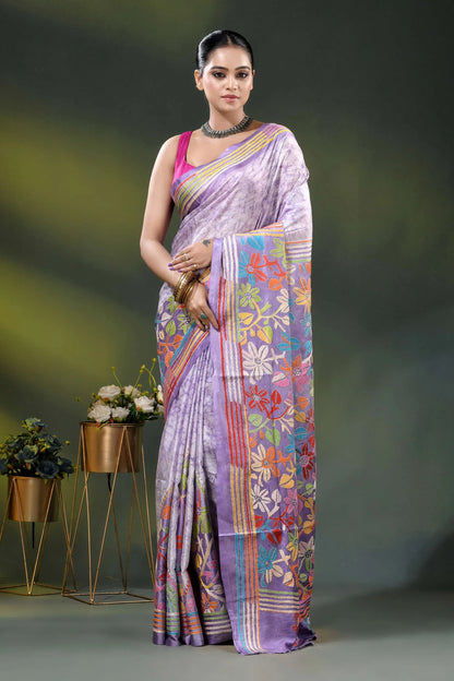 Lavender multicolor floral handcrafted kantha stitch silk batik saree 1