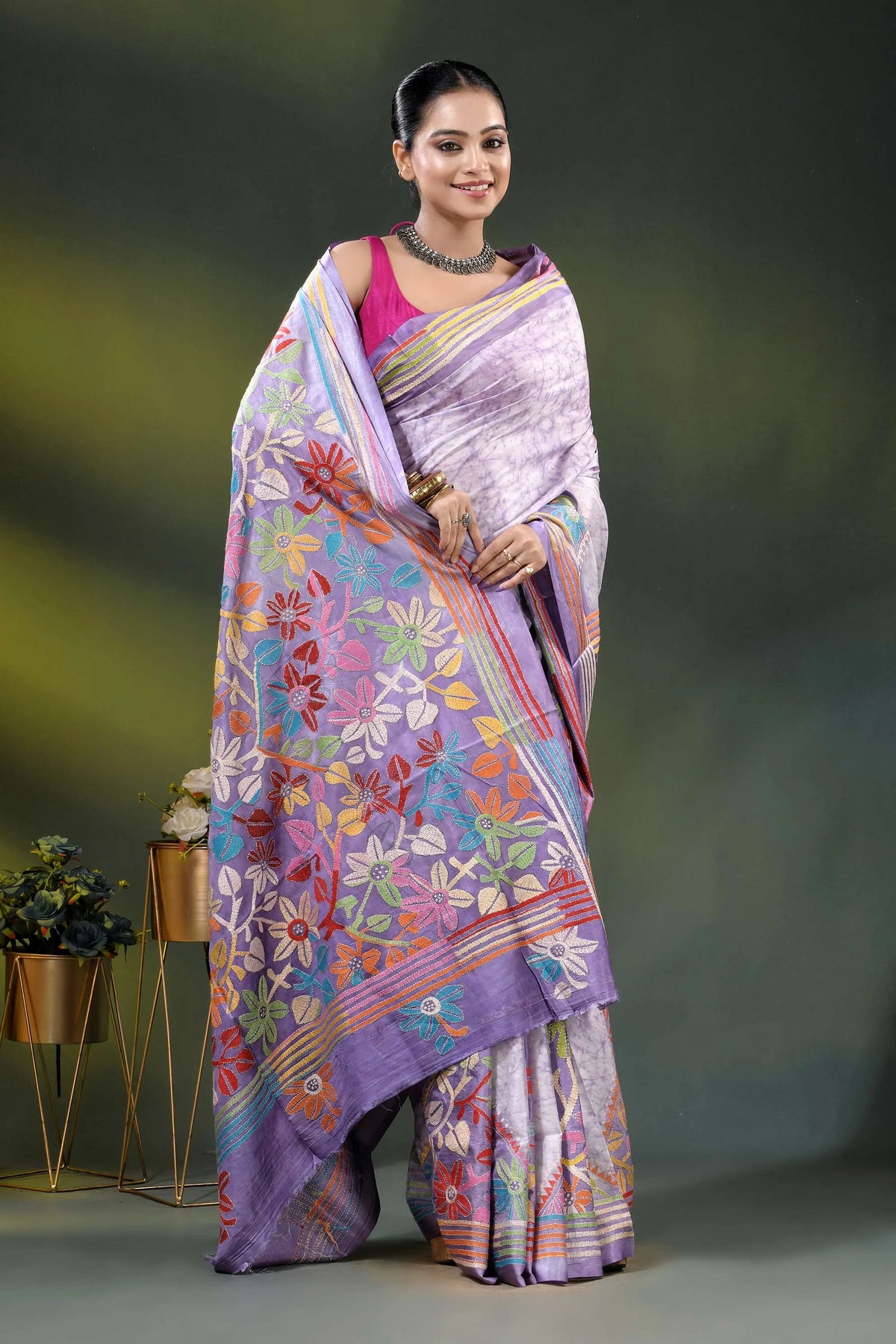 Lavender multicolor floral handcrafted kantha stitch silk batik saree 4