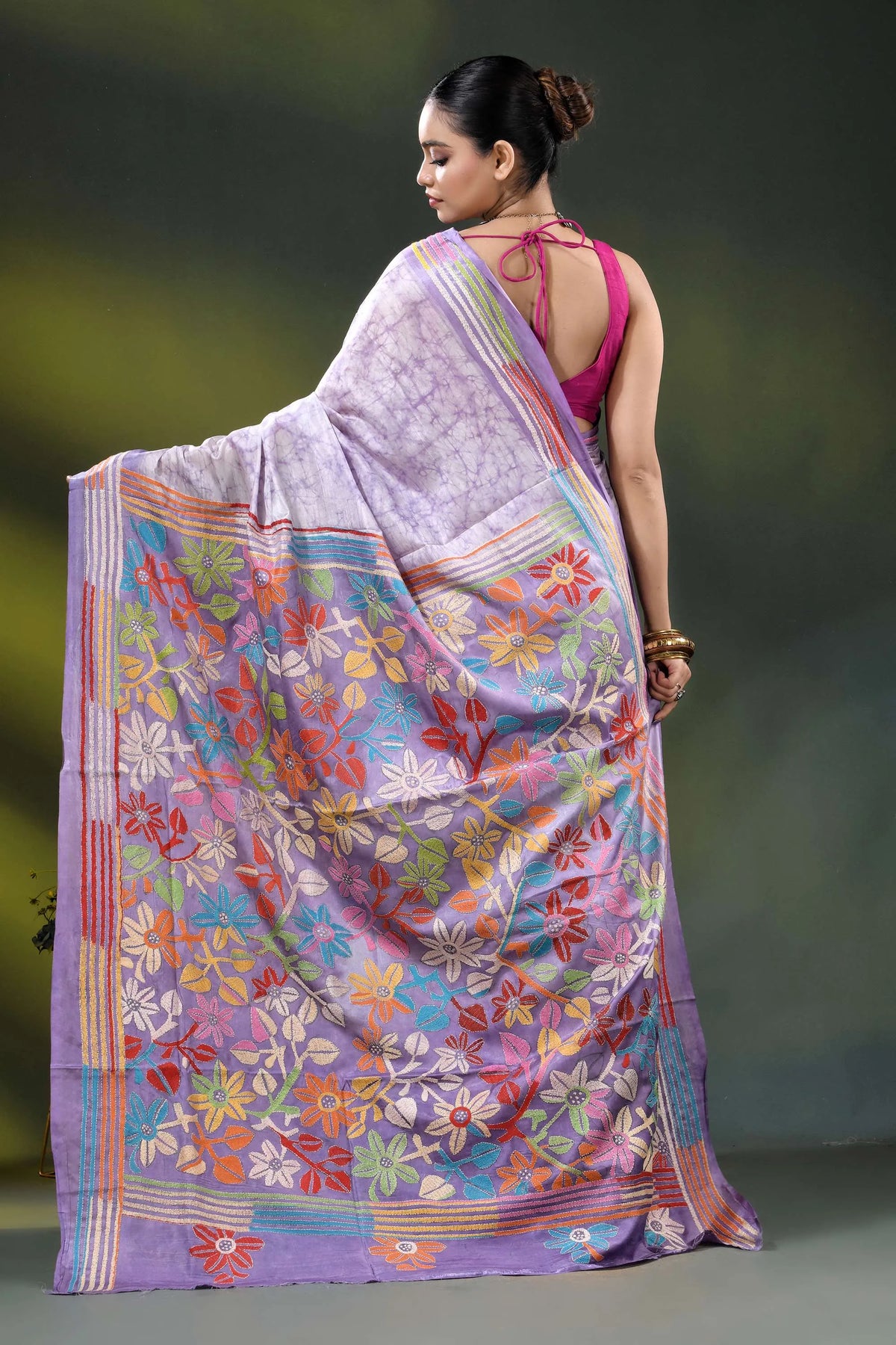 Lavender multicolor floral handcrafted kantha stitch silk batik saree 5