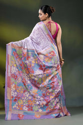 Lavender multicolor floral handcrafted kantha stitch silk batik saree 5