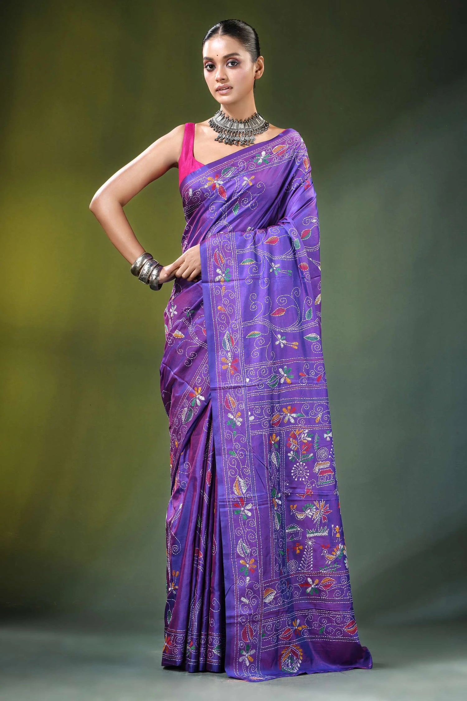 Lavender purple silk kantha stitch saree - ethnic folk art vibrant adorned 6