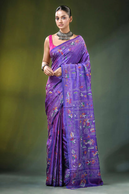 Lavender purple silk kantha stitch saree - ethnic folk art vibrant adorned 1