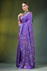 Lavender purple silk kantha stitch saree - ethnic folk art vibrant adorned 3