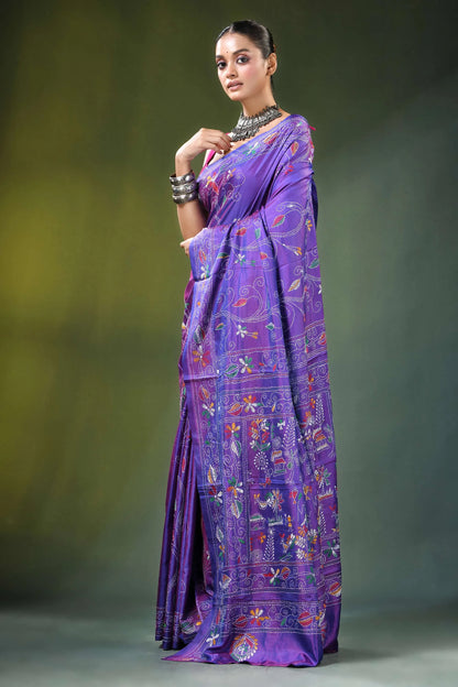 Lavender purple silk kantha stitch saree - ethnic folk art vibrant adorned 3