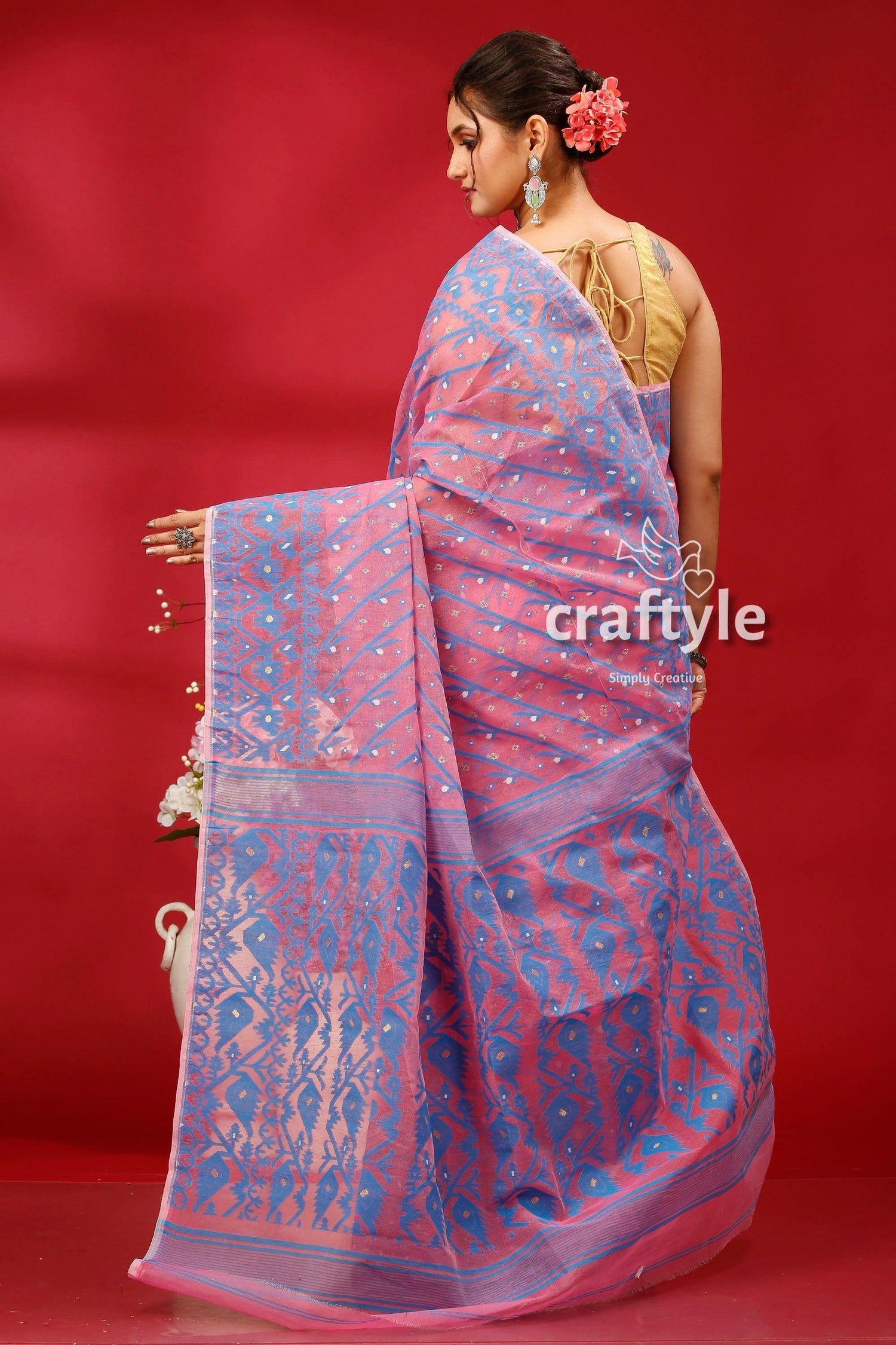 Lavender Rose Traditional Handloom Jamdani Sari - Craftyle