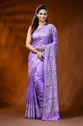 Lavender silk gujrati stitch saree with white paisley design 1