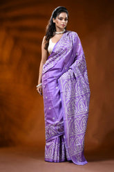 Lavender silk gujrati stitch saree with white paisley design 4