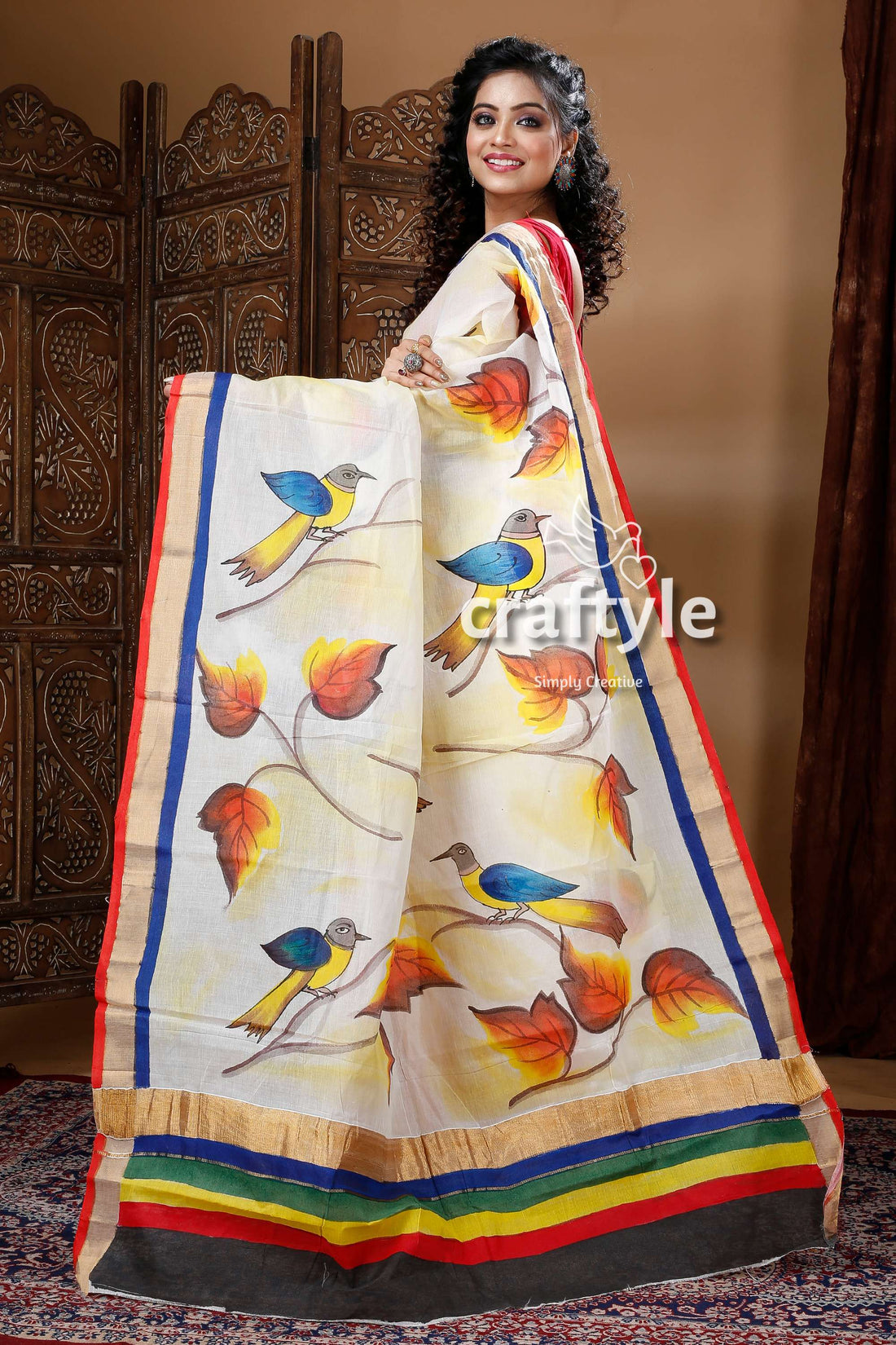 Leaf &amp; Bird Motif Hand Painted Kerala Cotton Saree-Craftyle