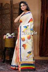 Leaf & Bird Motif Hand Painted Kerala Cotton Saree-Craftyle