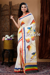 Leaf & bird motif hand painted kerala cotton saree woman white saree bird leaf 1