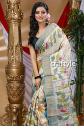 Leaf Design Hand Painted Zari Pure Tussar Kalamkari Saree - Craftyle