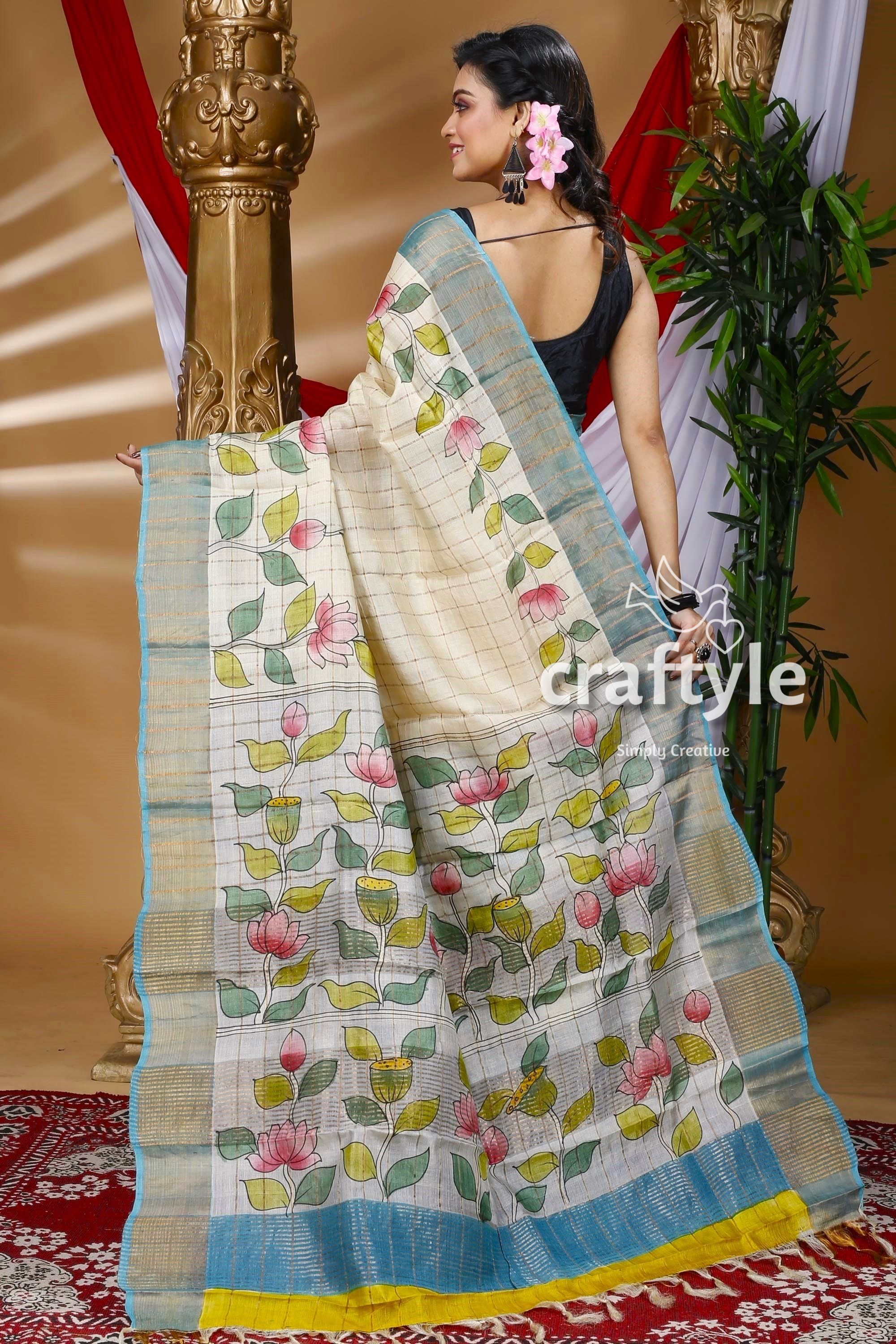 Leaf Design Hand Painted Zari Pure Tussar Kalamkari Saree - Craftyle