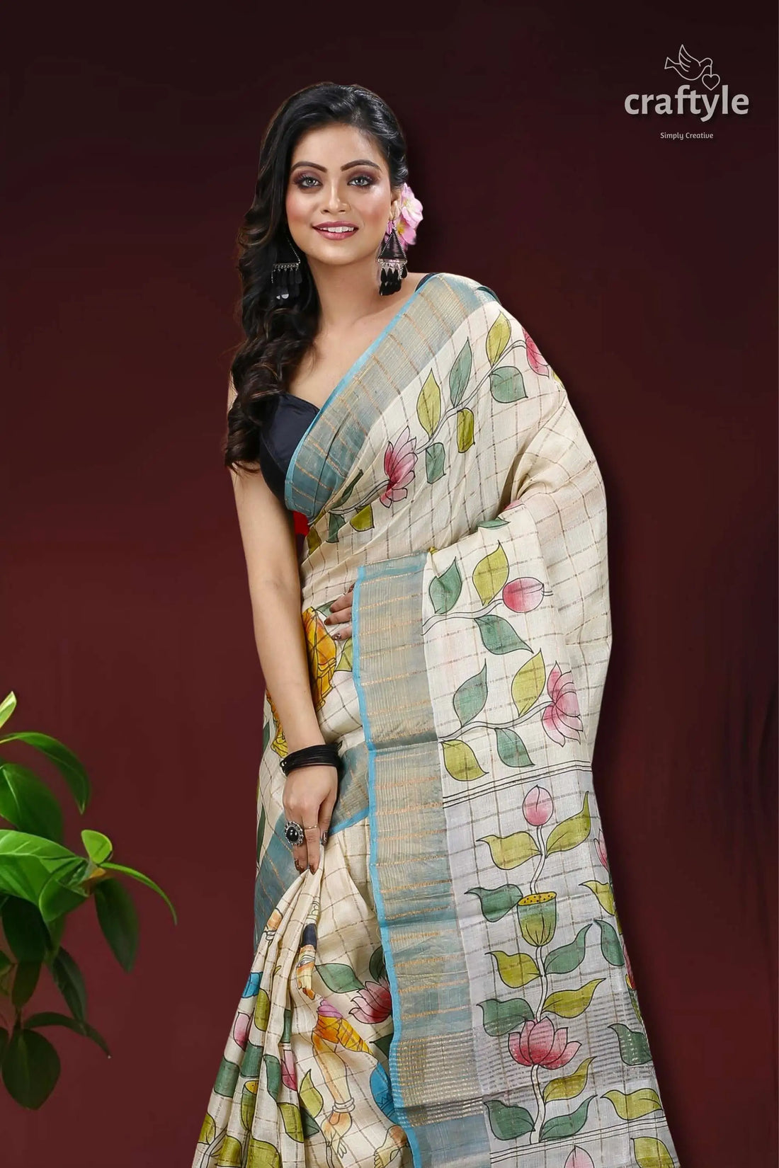 Leaf design hand painted zari pure tussar kalamkari saree floral-patterned saree 2