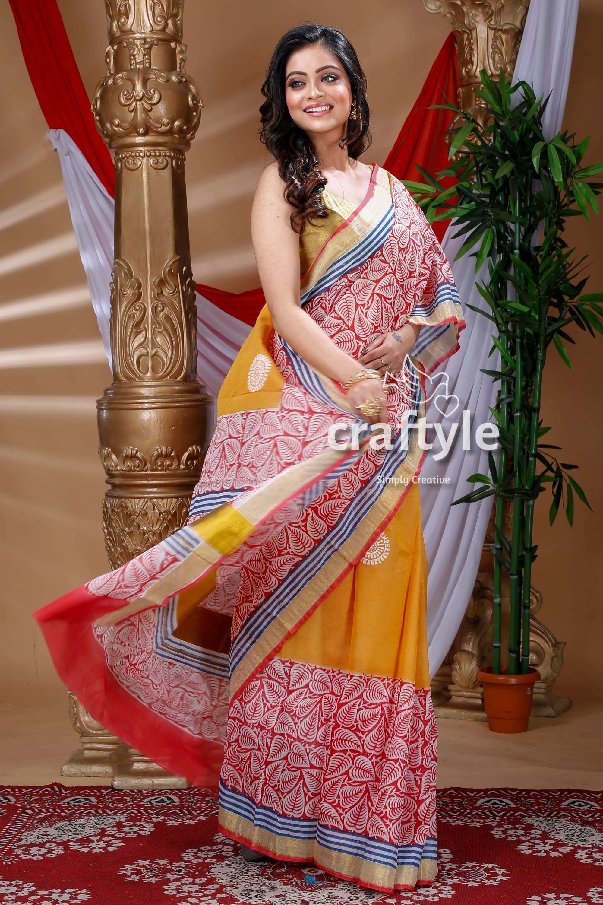 Leaf Design Red and Fire Yellow Hand Block Kerala Cotton Saree-Craftyle