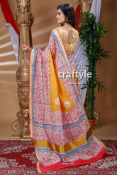 Leaf Design Red and Fire Yellow Hand Block Kerala Cotton Saree-Craftyle