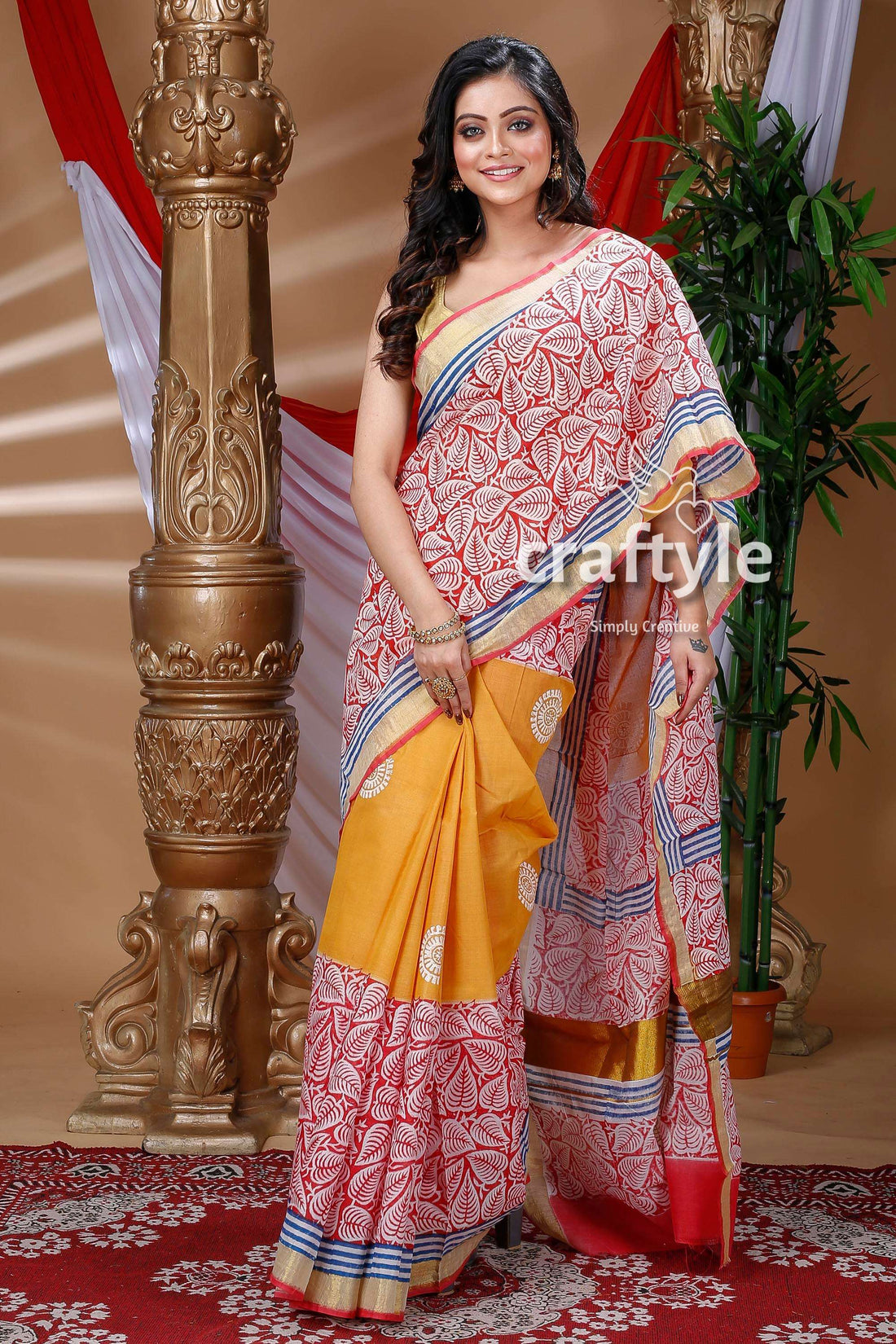 Leaf Design Red and Fire Yellow Hand Block Kerala Cotton Saree-Craftyle
