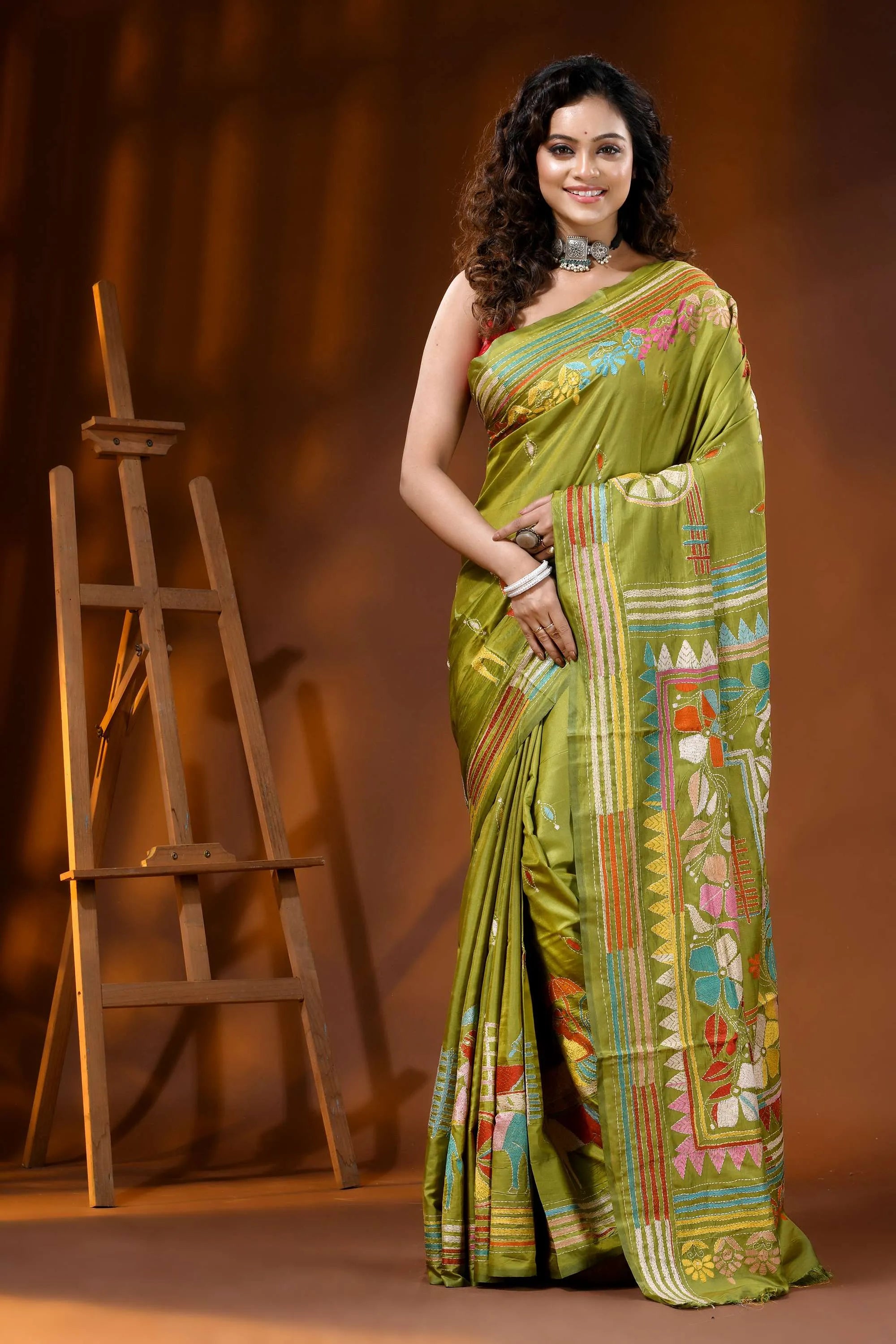 Leaf green bullock cart theme hand embroidered silk kantha saree 1
