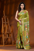 Leaf green bullock cart theme hand embroidered silk kantha saree 1