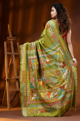 Leaf green bullock cart theme hand embroidered silk kantha saree 5