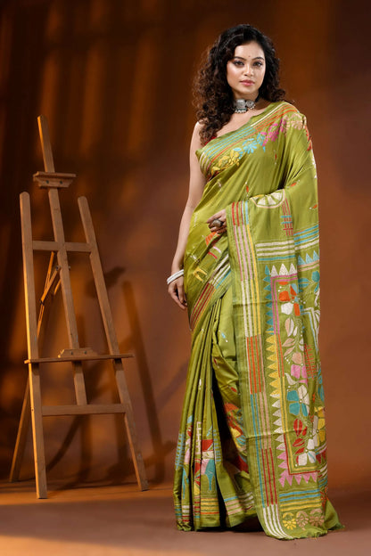Leaf green bullock cart theme hand embroidered silk kantha saree 6