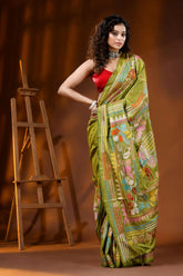Leaf green bullock cart theme hand embroidered silk kantha saree 4
