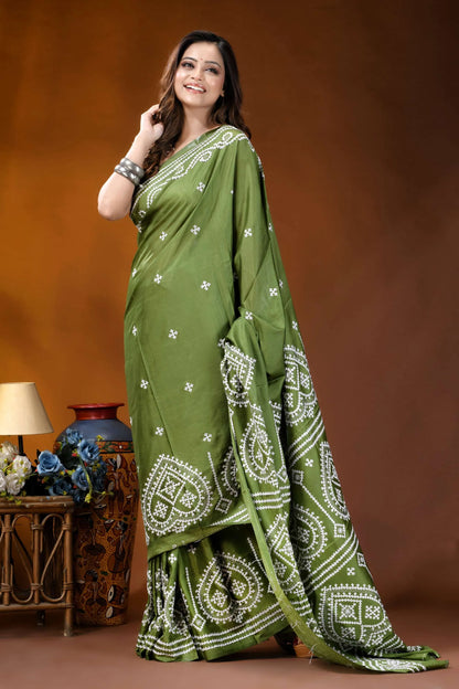 Leaf green ethnic motif hand embroidered gujrati stitch silk saree olive green saree intricate white 4