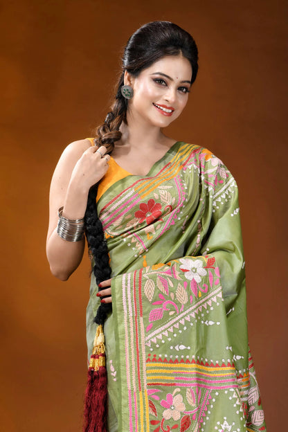Leaf green floral design handcrafted kantha embroidery silk saree vibrant olive green silk saree 2