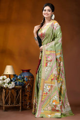 Leaf green floral design handcrafted kantha embroidery silk saree woman wears vibrant olive green 3