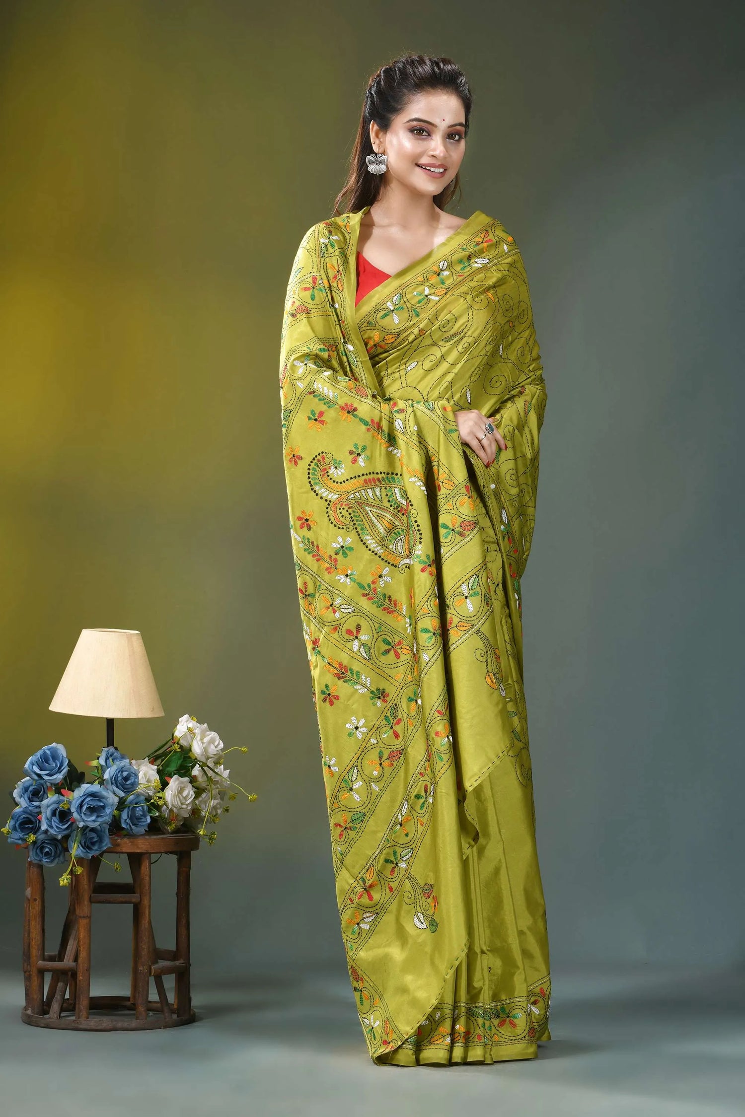 Leaf green floral pattern hand embroidered silk saree vibrant lime green saree intricate 4