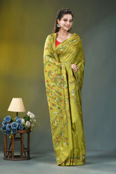 Leaf green floral pattern hand embroidered silk saree vibrant lime green saree intricate 4