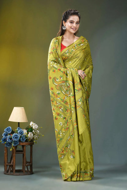 Leaf green floral pattern hand embroidered silk saree vibrant lime green saree intricate 4