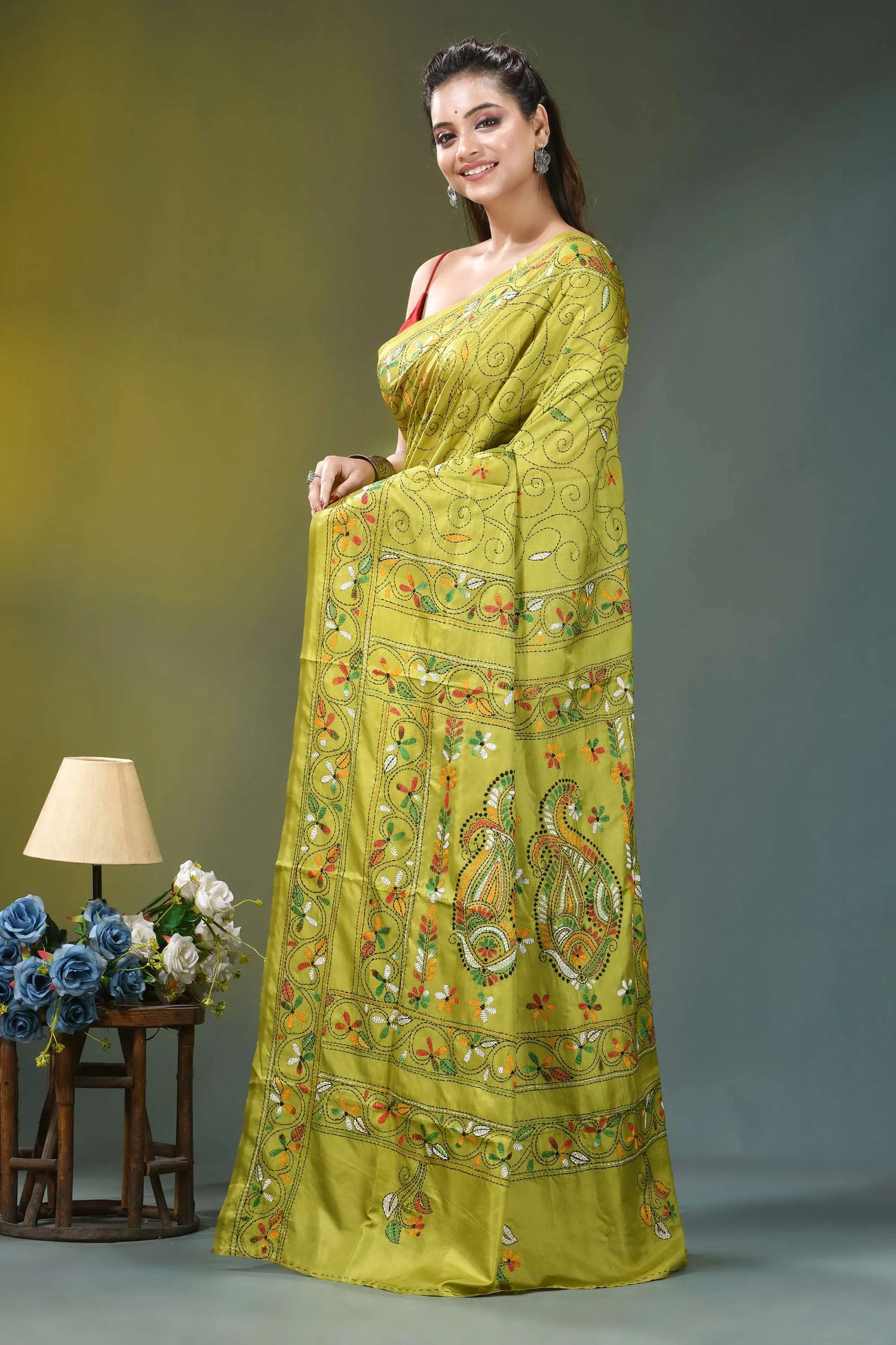 Leaf green floral pattern hand embroidered silk saree vibrant lime green saree intricate 3