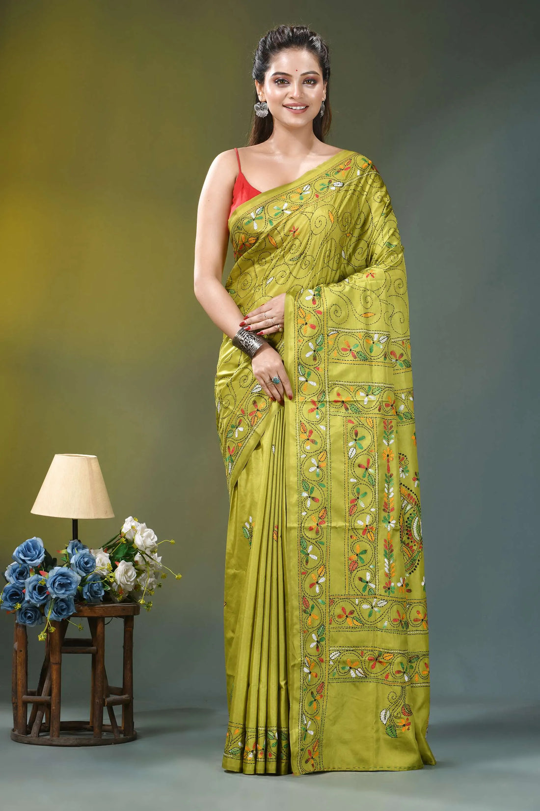 Leaf green floral pattern hand embroidered silk saree vibrant lime green silk saree 1
