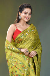 Leaf green floral pattern hand embroidered silk saree vibrant lime green saree intricate 2