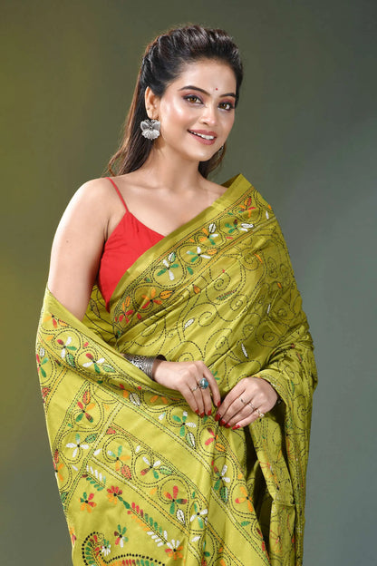 Leaf green floral pattern hand embroidered silk saree vibrant lime green saree intricate 2