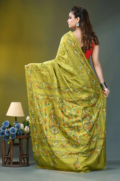 Leaf green floral pattern hand embroidered silk saree vibrant lime green silk saree 5