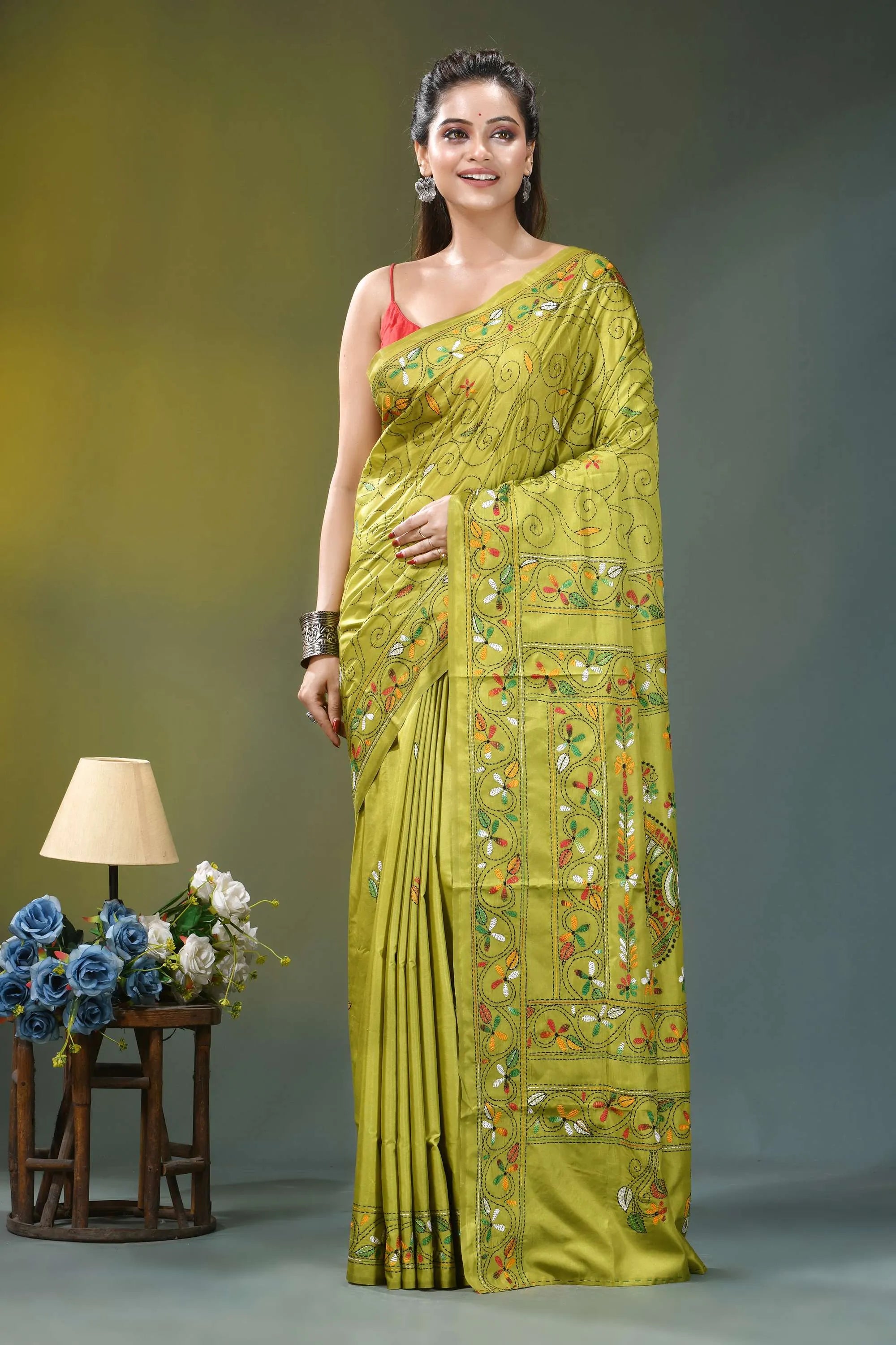 Leaf green floral pattern hand embroidered silk saree vibrant lime green silk saree 6