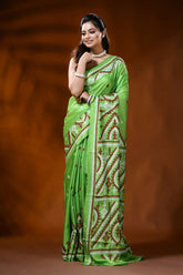Leaf green gujarati stitch saree with maroon geometric silk design 6