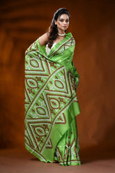 Leaf green gujarati stitch saree with maroon geometric silk design 4