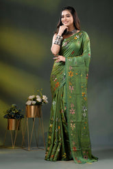 Leaf green multi-thread floral design silk kantha stitch saree 6