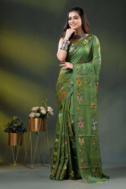 Leaf green multi-thread floral design silk kantha stitch saree 6