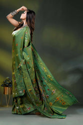 Leaf green multi-thread floral design silk kantha stitch saree 4