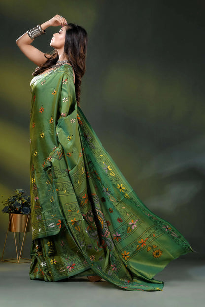 Leaf green multi-thread floral design silk kantha stitch saree 4