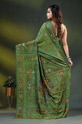 Leaf green multi-thread floral design silk kantha stitch saree 5