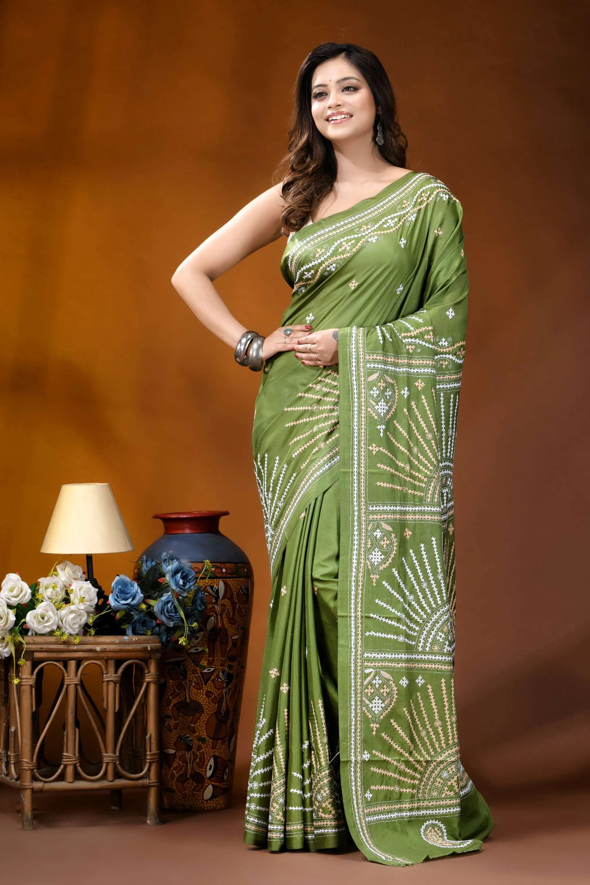 Leaf green multicolor design handmade kutch embroidery silk saree vibrant olive green saree adorned 7